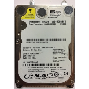 ★中古動作品★2.5インチ ノート用HDD 120GB　Westerndigital　IDE ハードディスク　WD1200BEVE ★送料無料★初期保障あり