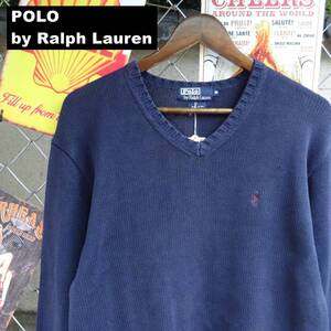 POLO RALPH LAUREN ポロ ラルフ ローレン コットンニット セーター M サイズ Vネック 刺繍 ロゴ ネイビー 10442