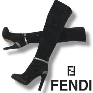 u115 FENDI フェンディ スエード レザー ニーハイブーツ ロングブーツ ブラック 本革 37 イタリア製　レディース シューズ 正規品