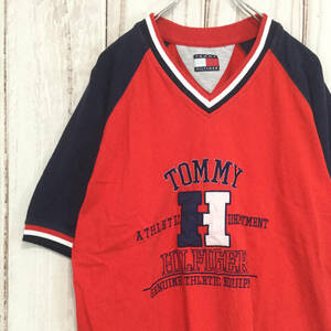 【トミーヒルフィガー 半袖ロゴTシャツ】ラグラン ロゴ刺繍 Ｖネック XL TOMMY HILFIGER 古着 [240613-004]