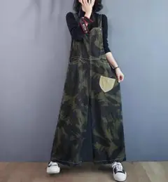 オシャレ ハイウエスト ワイドパンツ サロペット オーバーオール プリント