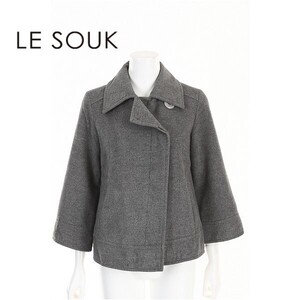 A5628/美品 秋冬 le souk ルスーク 藤井毛織 アンゴラ ウール 変形 ライダース風 比翼 ダブルジャケット ハーフコート 36 灰色/レディース