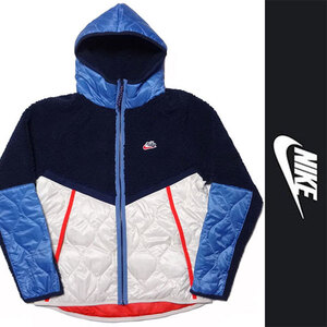 新品 NIKE FULL ZIP JACKET ナイキ フルジップ ジャケット パーカー ネイビー ホワイト フリース ナイロン フード スウッシュ XL 正規品