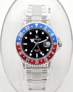 未使用　RELAX王冠ロゴ　GMT 青/赤 24H回転ベゼル　黒文字盤