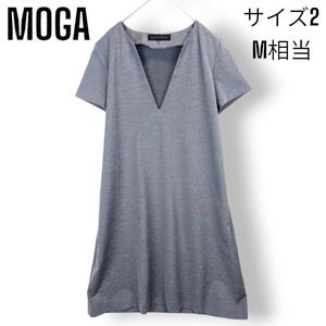 【美品】モガ MOGA チュニック ワンピース ポンチ素材 ストレッチ 半袖 Vネック シンプル ポケット付 レイヤード 綿 サイズM グレー 