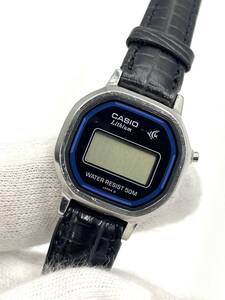 【電池切れ】CASIO カシオ クォーツ 腕時計 デジタル文字盤 ブラック×ブルー オクタゴン レザーベルト レディース LW-304