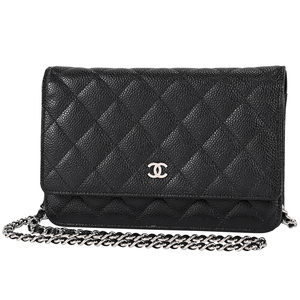 シャネル CHANEL ココマーク チェーン ウォレット マトラッセ ショルダーバッグ キャビアスキン ブラック A33814 レディース 【中古】