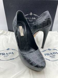 【size36】プラダ PRADA プラットフォーム レザーパンプス 型押しレザー 艶 ブラック ST.COCCOカーフ ハイヒール ハイブランド シューズ 靴