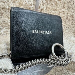 美品● BALENCIAGA バレンシアガ 二つ折り財布ブラック カーフスキン チェーンウォレットユニセックス メンズ レディース