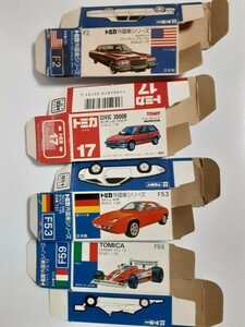 トミカ、日本製、空箱、青箱F2キャデラック、F53ポルシェ928、F59フェラーリ312T3、赤箱17シビックの計４箱