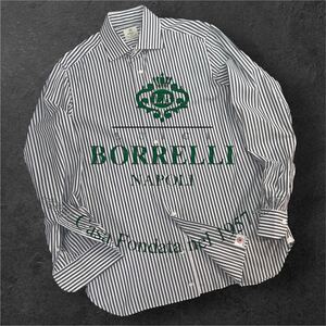 定価3.8万 美品 LUIGI BORRELLI ルイジ ボレッリ ストライプ柄 ドレスシャツ サイズ40/15 1/2(L相当) ホワイト ブラウングレー 別注 A2724