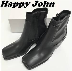 /S/ Happy John ブラック スクエアトゥショートブーツ レディース 光沢感 上品 カジュアル スタイリング 履きやすい ハッピージョン