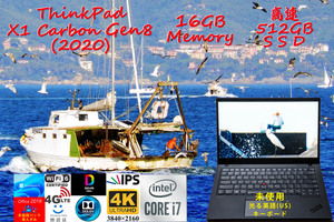 ThinkPad X1 Carbon Gen8 2020 i7-10610U 16GB, 512GB SSD, 新品 4K UHD 非光沢, LTE IR 顔 指紋 BT,未使用 US英語KB ,日米 OfficeとWin11