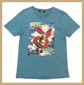 1416●HYSTERIC GLAMOUR×PLAYBOY ヒステリックグラマー×プレイボーイ●ビッグロゴ ガール フォトプリント 半袖 Tシャツ ブルー M