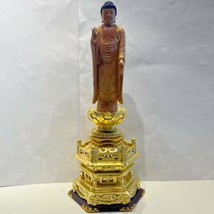 柘植　六角台座　後背無し　木彫り　仏像　【中古】