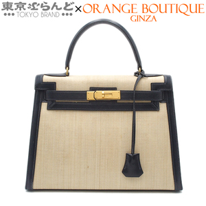 101756993 エルメス HERMES ケリー28 外縫 ○P刻印 ナチュラルxネイビー ゴールド金具 クリノラン ボックスカーフ ハンドバッグ レディース