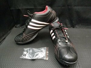 中古美品 adidas アディダス レディース ゴルフシューズ 24.5cm シグネチャー 黒×ピンク 816377