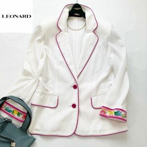 ★大きいサイズ★美品★レオナール LEONARD 11号/L フラワートリム☆ワッフル調サマージャケット ビジネス セレモニー フォーマル 送料無料