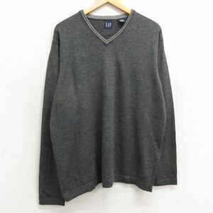 L/古着 ギャップ GAP 長袖 セーター メンズ 00s 無地 メリノウール Vネック 濃グレー 24jan22 中古 ニット トップス