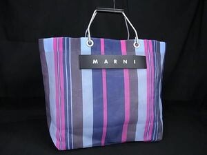 1円 ■美品■ MARNI マルニ フラワーカフェ PVC ストライプ トート ハンドバッグ レディース ブルー系×マルチカラー FC9732