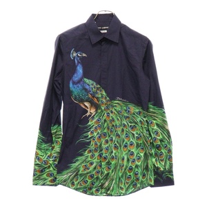 DOLCE & GABBANA ドルチェアンドガッバーナ Peacock Print Long Shirt シルク長袖シャツ ネイビー/グリーン G5GB3T/HP57Z