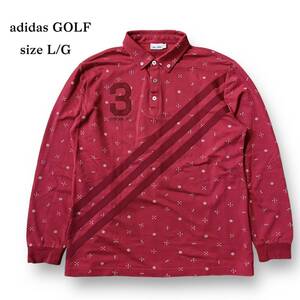 美品 adidas GOLF 長袖 ボタンダウン ポロシャツ ワッペン プリント 総柄 鹿の子 アディダス ゴルフ メンズ ウェア 赤 レッド トップス L