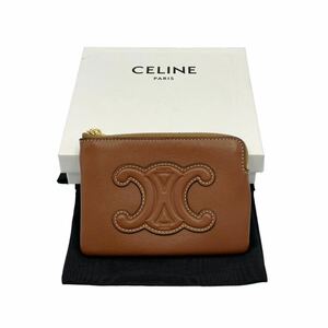 【美品】セリーヌ CELINE キュイルトリオンフ フック付き コイン&カードポーチ コインケース カードケース シャイニーカーフスキン タン