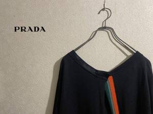 ◯ イタリア製 PRADA バックスリット ニット / プラダ Uバック トリコロール セーター ウール シルク ネイビー 紺 38 Ladies #Sirchive