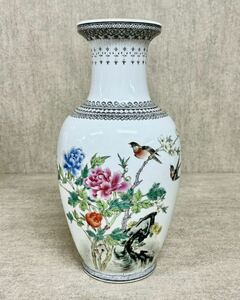 中国美術 大清乾隆年製 粉彩 花鳥図 漢詩入 花瓶 高さ約36.5cm 