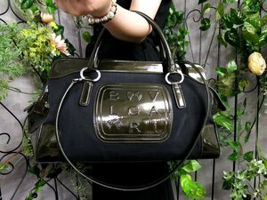 美品●BVLGARI ブルガリ●キャンバス エナメル パテント レザー 本革●2way ハンド トート バッグ●ネイビー ダークグリーン●B5●Js47463