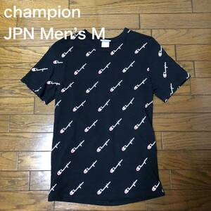 【送料無料】champion半袖Tシャツ黒総柄　JPNメンズMサイズ　チャンピオン