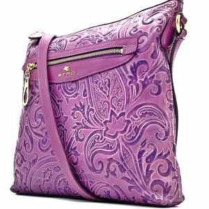 1円【極希少】ETRO エトロ ショルダーバッグ トート メンズ 斜め掛け ペイズリー柄 ゴールド金具 オールレザー 本革 パープル ペガソ