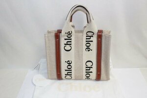 中古 Chloe WOODY SMALL トートバッグ 022175 キャンバス レザー アイボリー系 ブラウン系 ハンドバッグ ウッディ スモール クロエ USED品