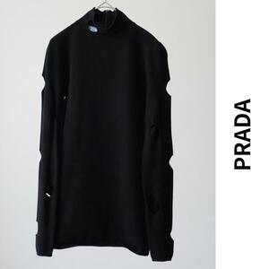 美品 PRADAプラダ カットソー カットワーク タートルネック ロゴ 21ss ハイネック レーヨンポリ 現行品 青タグ 21SS 長袖 ネックロゴ