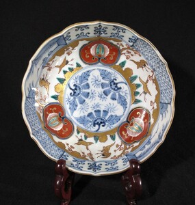 古伊万里 染付 金彩 色絵 花文 ○X文 釣り人 蜂の巣 松に鶴図 18cm 輪花 深鉢 江戸後期 bvcipci-26a3045k