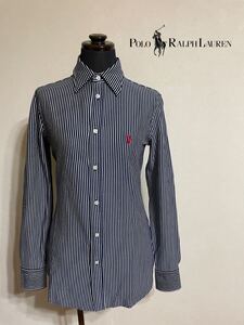 【美品】 Polo Ralph Lauren KNIT DRESS SHIRT ポロ ラルフローレン レディース ドレスシャツ ストレッチ トップス サイズXS 半袖 濃紺 白