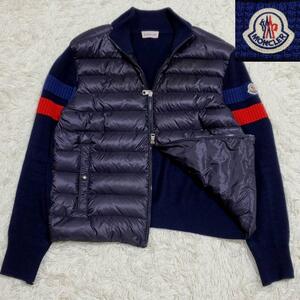 美品 M モンクレール ニット ライト ダウンジャケット 紺 ロゴ ワッペン MONCLER CARDIGAN TRICOT ネイビー DISTタグ 軽量 トリコロール風