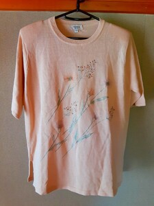 ニット カットソー プルオーバー Montafon Tシャツ トップス 五分袖 シャツ M ベージュ 花 レディース 洋服 肩パッド付き Mサイズ 女性