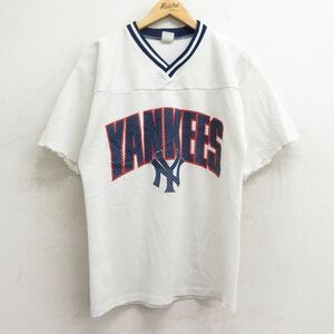 L/古着 半袖 ビンテージ フットボール Tシャツ メンズ 90s MLB ニューヨークヤンキース メッシュ地 Vネック 白他 ホワイト ユニフォーム ゲ