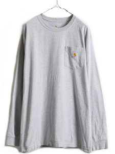 大きいサイズ XL ■ カーハート ポケット付き 長袖 Tシャツ ( メンズ ) 古着 CARHARTT ロンT ワンポイント ヘビーウェイト ポケT ロゴT 灰