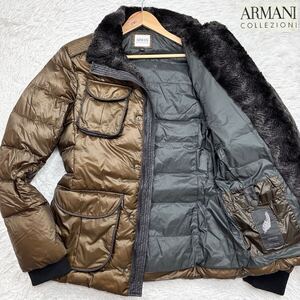 【極美品Lサイズ相当!!!】現行 ARMANI COLLEZIONI アルマーニコレッツォーニ ダウンジャケット ファー付き 高級 REAL DOWN 光沢 