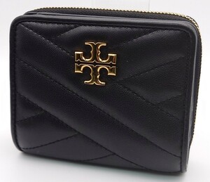 【M087】 TORY BURCH 二つ折り財布 トリーバーチ ウォレット コンパクト ラウンドファスナー レザー ゴールド金具 ブラック系 ブランド