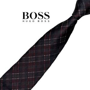 ★美品★細め★HUGO BOSS★ブラック系 チェック柄 ネコポス可 ヒューゴボス イタリア シルク USED クリーニング プレス済み t1000