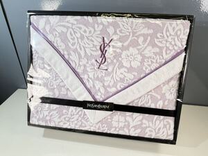 ★未使用品 YSL YVES SAINT LAURENT 綿毛布 140cm×200cm 寝具 シングル ホワイト×パープル系 ギフト 管理K913