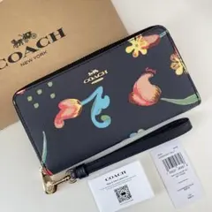 COACH コーチ ストラップ付き　長財布　ネイビー　フラワー　花柄