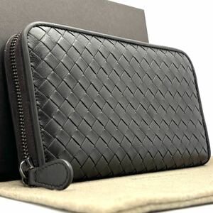 1円【極美品・定価約7.8万】BOTTEGA VENETA ボッテガヴェネタ イントレチャート ラウンドファスナー ダークブラウン　長財布 財布 レザー 