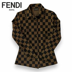 【美品】FENDI フェンディ チェック 長袖 シャツ 36サイズ ブラウン ゴールド 刻印 ボタン イタリア製 希少品