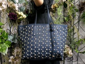 ●超美品●JIMMY CHOO ジミーチュウ●サシャ●スタースタッズ●カーフ レザー 本革●トート バッグ●ネイビー●SV金具●A4 収納●Js51475