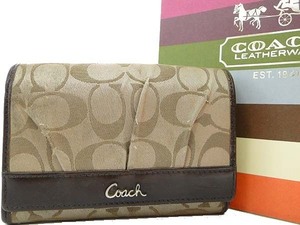 ●本物 COACH コーチ サテンシグネチャー×レザー L字ファスナー二つ折り財布 カーキ×ブラウン