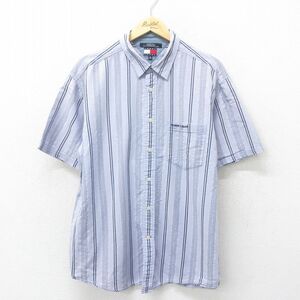 XL/古着 トミーヒルフィガー トミージーンズ 半袖 ブランド シャツ メンズ 90s コットン 薄紺他 ネイビー ストライプ 24jul20 中古 トップ